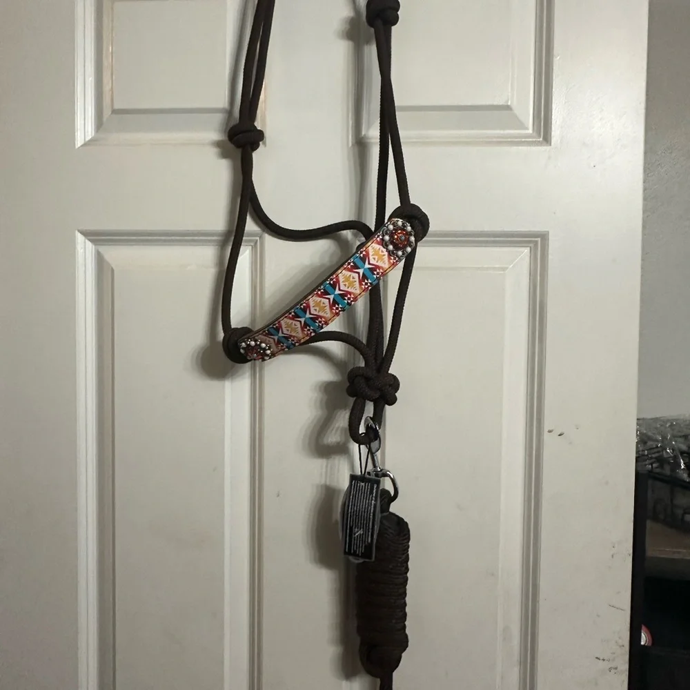 Tacktical rope halter with leather nose piece and conchos. - Picture 1 of 4